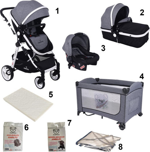 Karayel 8 in 1 Bebek Paketi ( Travel Sistem Bebek Arabası + Park Yatak Beşik + Sünger Yatak )