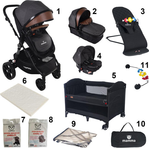 Meteor 11 in 1 Bebek Paketi ( Bebek Arabası + Park Yatak Beşik + Sünger Yatak + Ana Kucağı )