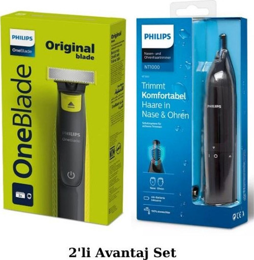 QP2724/10 Oneblade Yüz Şekillendirici, NT1650 Burun/Kulak Kıl, Tüy Temizleme 2'li Avantaj Se