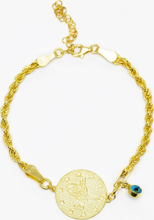 Mavi Mineli Nazar Boncuğu Detaylı Tuğra Tasarım Halat Zincirli Gold Renk 925 Ayar Gümüş Kadın Bileklik