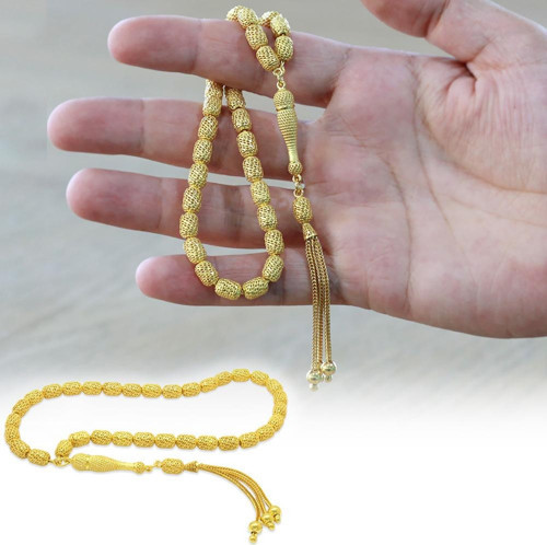 Üçlü Kamçı Püsküllü Telkari Tasarım Kapsül Kesim Gold Renk 925 Ayar Gümüş Tesbih