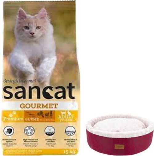 Premium Gurme Yetişkin Kedi Maması 15 Kg,Bordo Mia Donut Yatak
