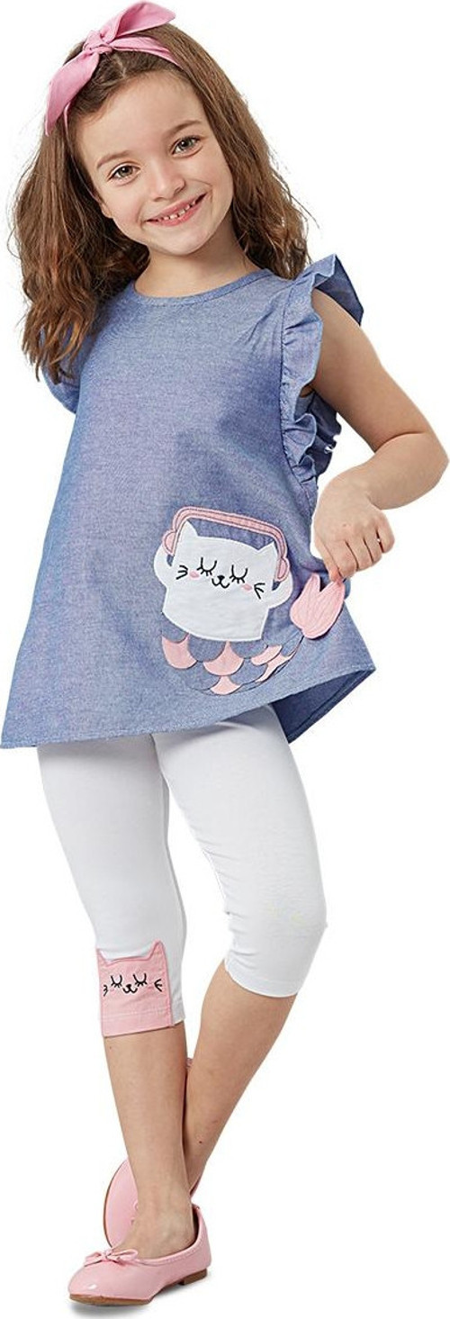 Fırfırlı Kedili Kız Çocuk Mavi Beyaz Yazlık T-shirt Tunik Tayt Takım