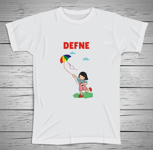 Kişiye Özel Isim Baskılı Tshirt , Uçurtma Uçuran Kız Çocuk Resimli, Micro Polyester Terletmez Kumaş