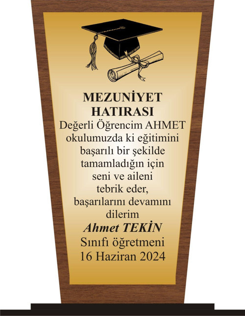Öğrenci Mezuniyet Plaketi Ahşap Mdf Gold Levhaya Baskılı ,Kişiye Özel İsim Baskısı Yapılabilir