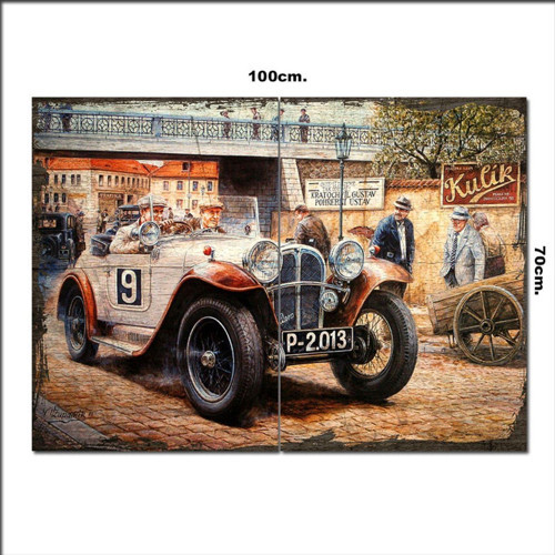 Ahşap Tablo Eski Yarış Otomobilleri Baskılı 70*100Cm
