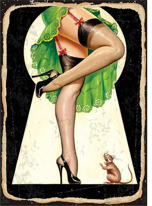 Fare Ve Jartiyerli Pin Up Kızı Dekoratif Ahşap Tablo