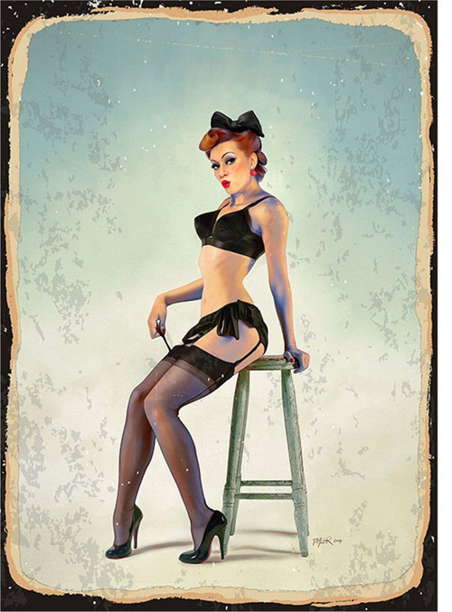 Jartiyerli Pin Up Kızı Tasarım Ahşap Tablo