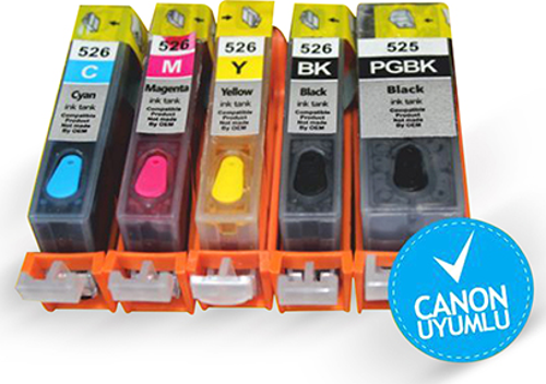 Canon PGI 525 CLI 526 C M Y (5 Renk) UYUMLU Kolay Dolan Kartuşlar (DOLU) - (OTO RESET ÇİPSETLİ)