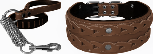 Elegance Deri İşlemeli Lüks Köpek Tasma Seti XL 7 cm*60-68 cm Kahverengi