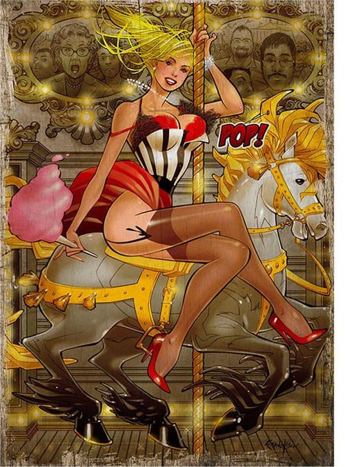Atlı Karınca Ve Pin Up Kızı Desenli Ahşap Tablo
