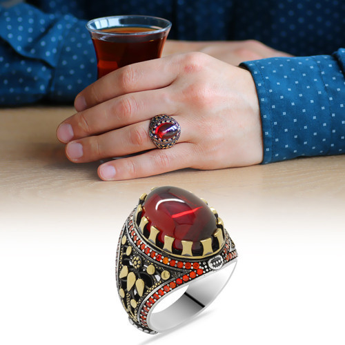 Kırmızı Zirkon Taşlı Oval Tasarım 925 Ayar Gümüş Erkek Yüzük