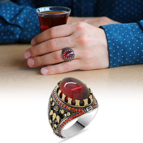 Kırmızı Zirkon Taşlı Oval Tasarım 925 Ayar Gümüş Erkek Yüzük