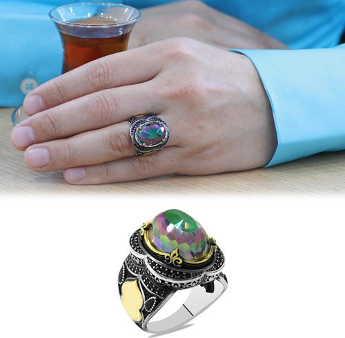 Faset Mistik Topaz Taşlı Oval Tasarım Kişiye Özel İsim Harf Yazılı 925 Ayar Gümüş Erkek Yüzük