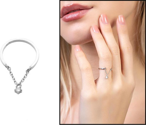 Zirkon Taşlı Zincirli Silver Renk Free Size 925 Ayar Gümüş Kadın Tektaş Yüzük