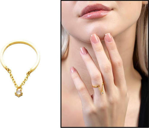 Zirkon Taşlı Zincirli Gold Renk Free Size 925 Ayar Gümüş Kadın Tektaş Yüzük