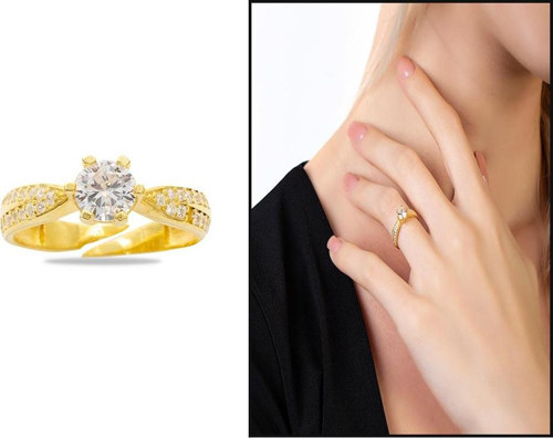 Mikro Zirkon Taş Süslemeli Gold Renk Free Size 925 Ayar Gümüş Kadın Tektaş Yüzük