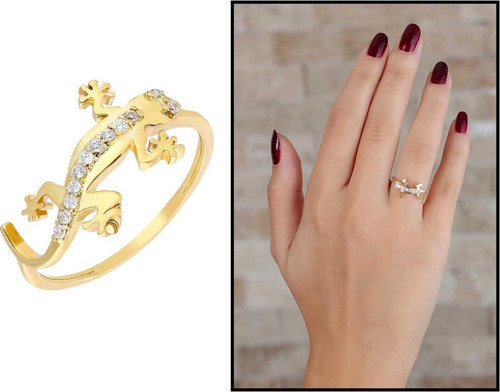 Zirkon Taşlı Kertenkele Tasarım Gold Renk 925 Ayar Gümüş Bayan Yüzük