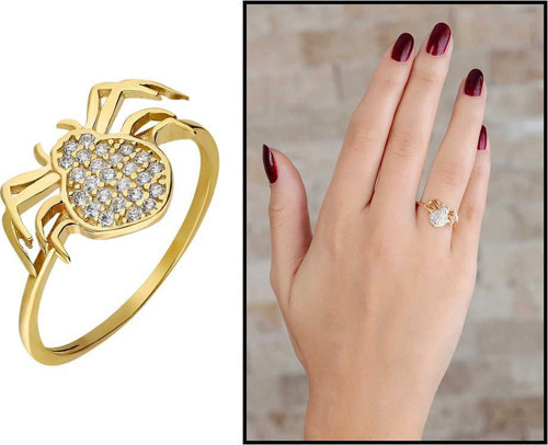 Zirkon Taşlı Spider Tasarım Gold Renk 925 Ayar Gümüş Bayan Yüzük