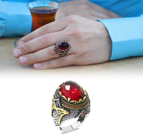 Faset Kesim Kırmızı Zirkon Taşlı Oval Tasarım 925 Ayar Gümüş Erkek Yüzük