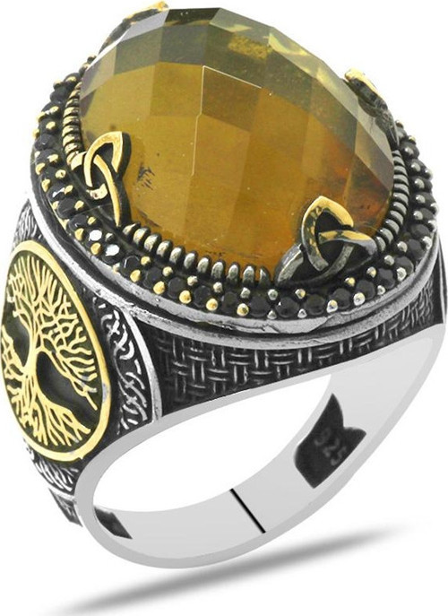 Oval Tasarım Hayat Ağacı Desenli Faset Zultanit Taşlı 925 Ayar Gümüş Erkek Yüzük