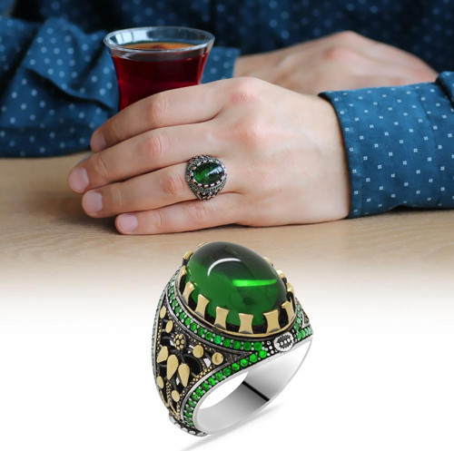 Yeşil Zirkon Taşlı Oval Tasarım 925 Ayar Gümüş Erkek Yüzük