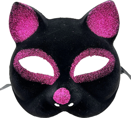 Siyah Renk Fuşya Simli Süet Kaplama Kedi Maskesi 18x14 Cm