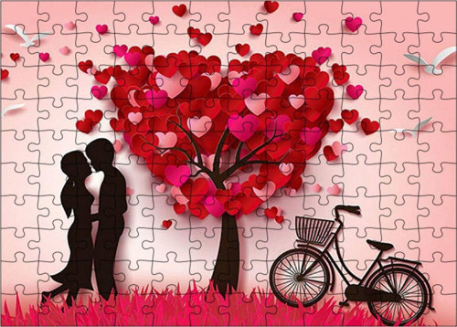 Ahşap Mdf Puzzle Yapboz Aşk Ağacı Ve Bisiklet 120 Parça 25*35 Cm