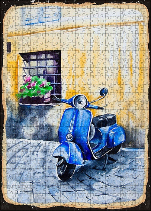 Ahşap Mdf Puzzle Yapboz Arnavut Kaldırımlarında Lacivert Vespa 500 Parça 50*70 Cm