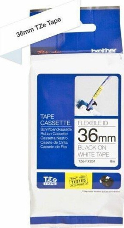 TZE-FX261 36 mm Beyaz Üzeri Siyah Esnek Laminasyonlu Etiket