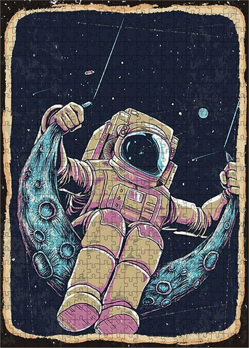 Ahşap Mdf Puzzle Yapboz Ayda Sallanan Astronot 500 Parça 50*70 Cm