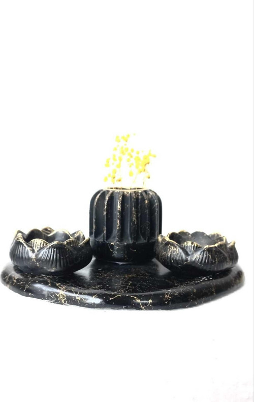 Gold Siyah Tepside Mum Ve Tealight Mumluk Biblo Dekorasyon Seti