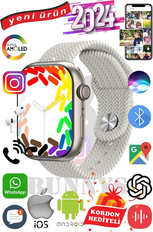 Samsung Galaxy Note 10 Uyumlu Akıllı Saat Watch 9 Max+2024 45mm Kordon Hediyeli Amoled Ekran