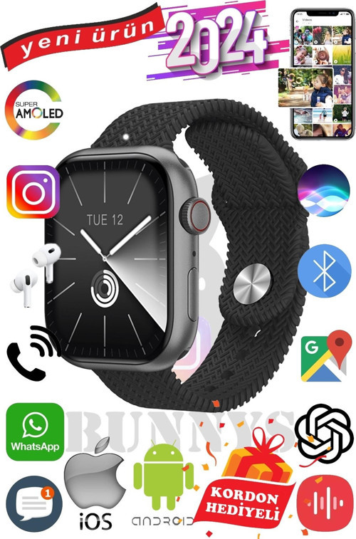Samsung Galaxy Note 10 Uyumlu Akıllı Saat Watch 9 Max+2024 45mm Kordon Hediyeli Amoled Ekran