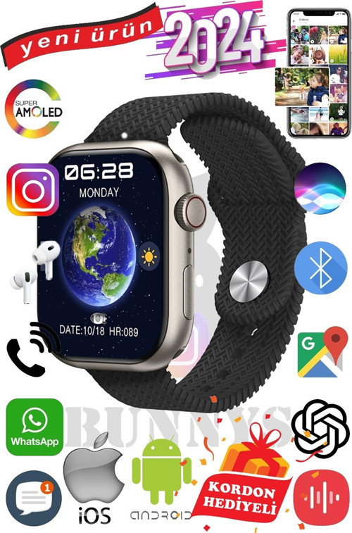 Samsung Galaxy A90 Uyumlu Akıllı Saat Watch 9 Max+2024 45mm Kordon Hediyeli Amoled Ekran