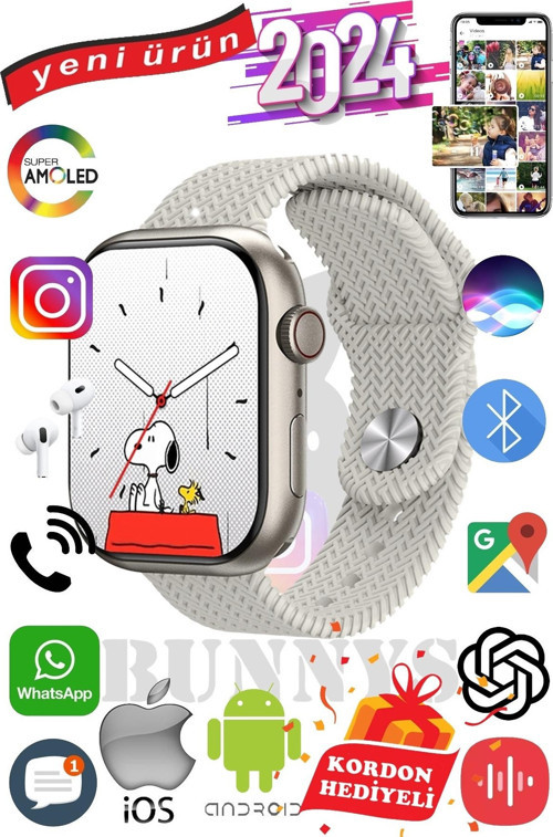Reeder P13 Blue 2022 Uyumlu Akıllı Saat Watch 9 Max+2024 45mm Kordon Hediyeli Amoled Ekran