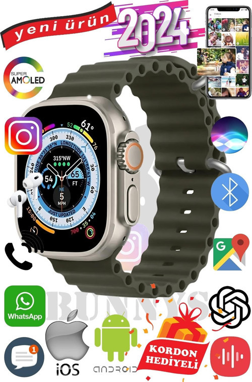 Reeder P13 Blue Max Pro Lite 2022 Uyumlu Akıllı Saat ULTRA MAX 2024 Kordon Hediyeli Amoled Ekran