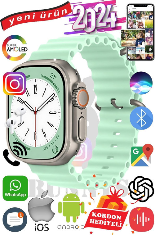 Samsung Galaxy M30 Uyumlu Akıllı Saat ULTRA MAX 2024 Kordon Hediyeli Amoled Ekran