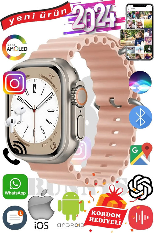 Samsung Galaxy S20 Uyumlu Akıllı Saat ULTRA MAX 2024 Kordon Hediyeli Amoled Ekran
