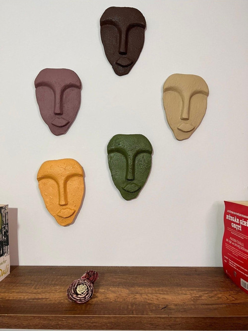 El Yapımı Minimalist Tasarım Duvar Dekorasyon Maskları (Maskeleri) 5'Li Set