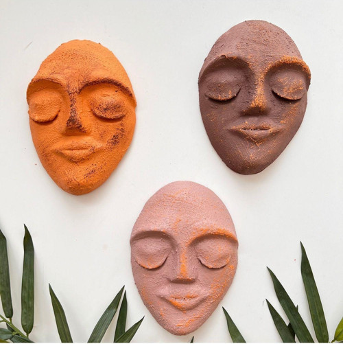 El Yapımı Yüz Heykeli Taş Duvar Dekoru 3'Li Set, Modern Tasarım, Eskitme Taş Görünümlü Duvar Mask