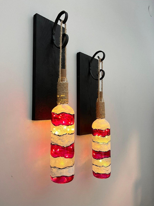 Led Işıklı Ahşap Kırmızı Renkli Vitray Cam Salon Bar Bahçe Dekoru Şarap Şişesi Duvar Aplik 2'Li Set