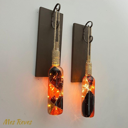 Led Işıklı Ceviz Renkli Vitray Cam Salon Bar Bahçe Dekoru Şarap Şişesi Duvar Aplik 2'Li Set