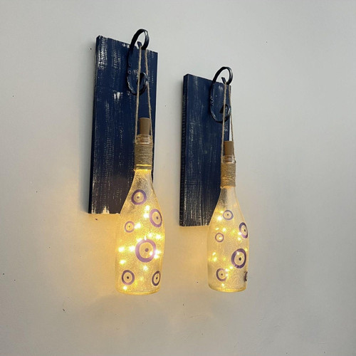 Peri Led Işıklı Mavi Ahşap Dekorlu Ferforje Bağlantılı Nazar Boncuklu Duvar Dekoru Set