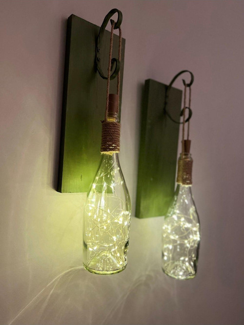 Tıpa Peri Led Işıklı Koyu Yeşil Ahşap Cam Şampanya Şişesi Duvar Aplik 2'Li Set