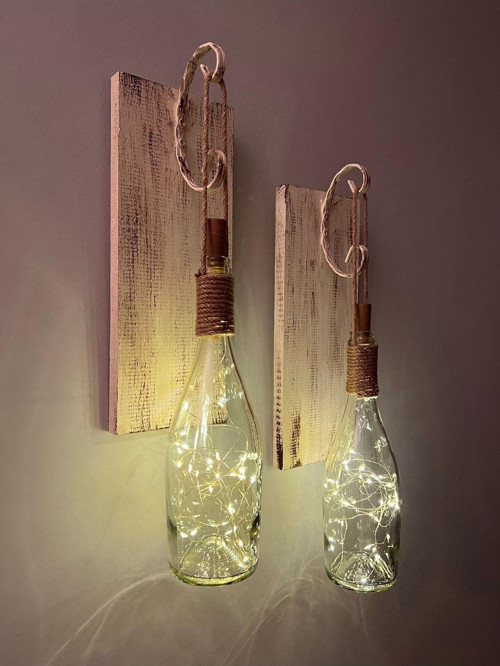 Tıpa Peri Led Işıklı Krem Kahve Cam Şampanya Şişesi Duvar Aplik 2'Li Set