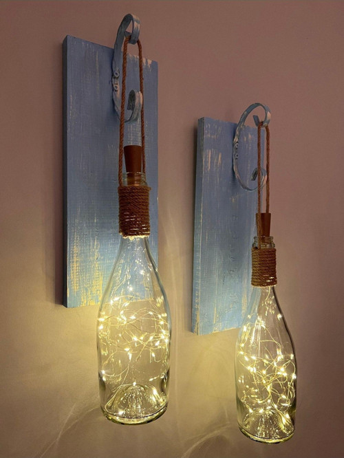 Tıpa Peri Led Işıklı Mavi Eskitme Ahşap Cam Şampanya Şişesi Duvar Aplik 2'Li Set