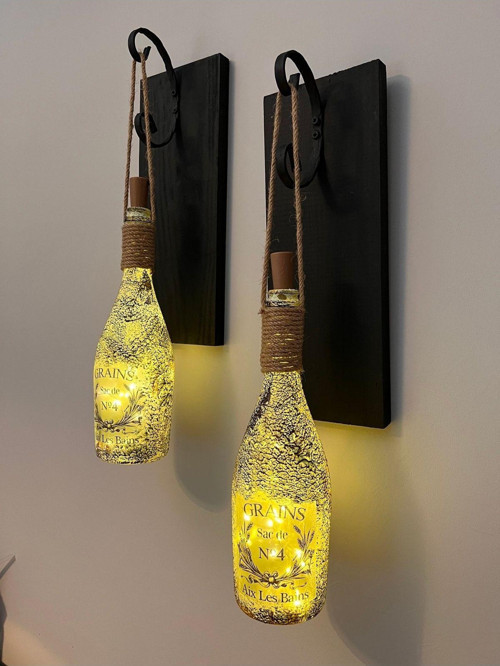 Tıpa Peri Led Işıklı Siyah Ahşap Cam Şampanya Şişesi Duvar Aplik 2'Li Set