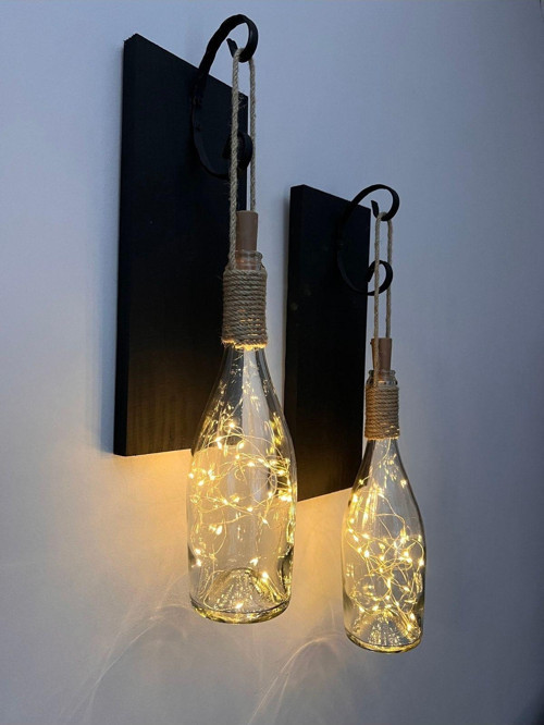 Tıpa Peri Led Işıklı Siyah Ahşap Cam Şampanya Şişesi Duvar Aplik 2'Li Set