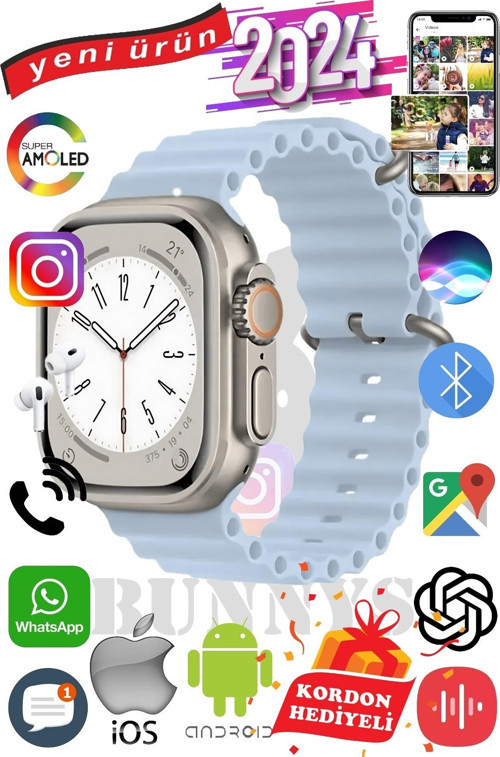 Oppo F17 Pro Uyumlu Akıllı Saat ULTRA MAX 2024 Kordon Hediyeli Amoled Ekran